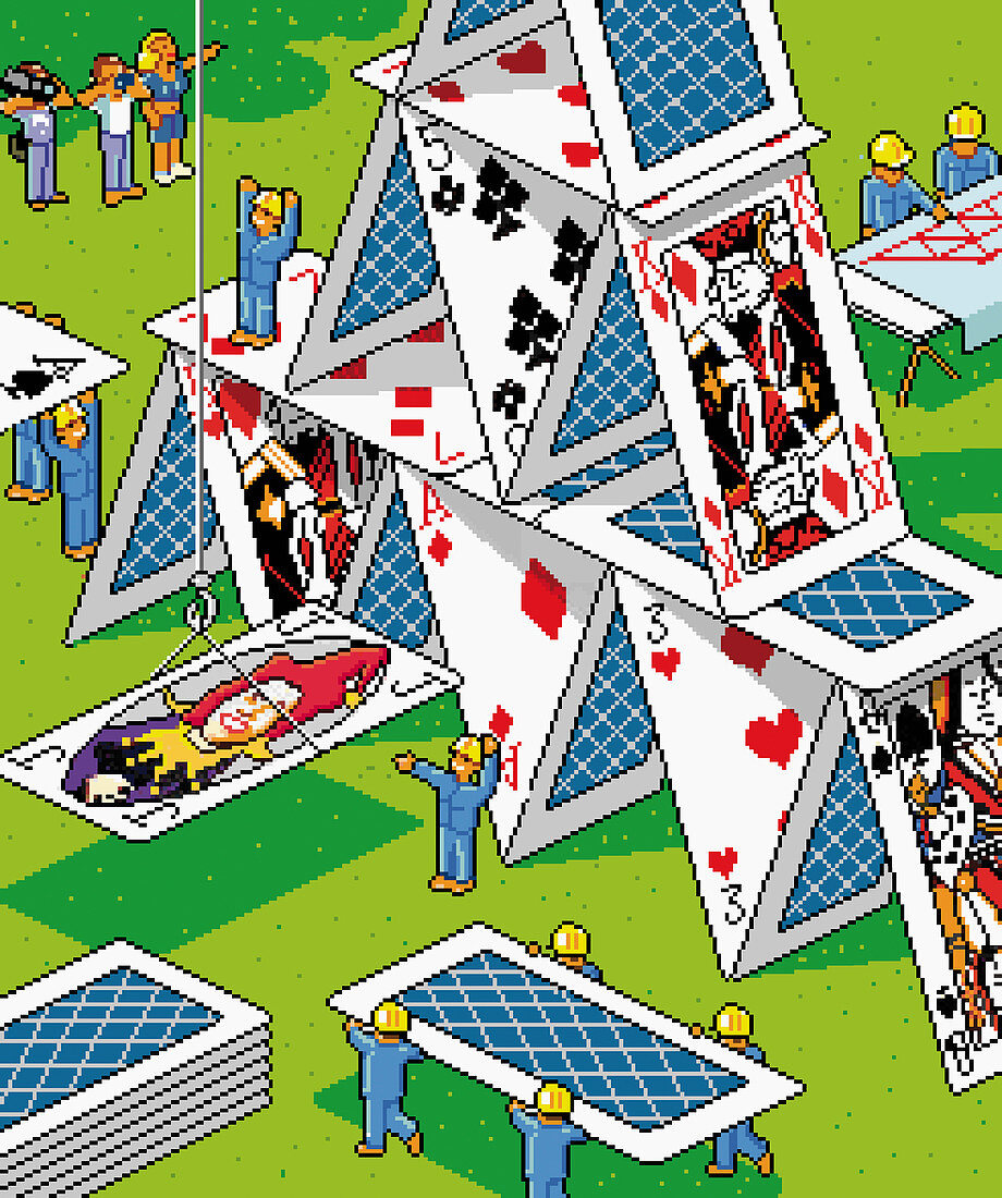 Workers building house of cards, illustration