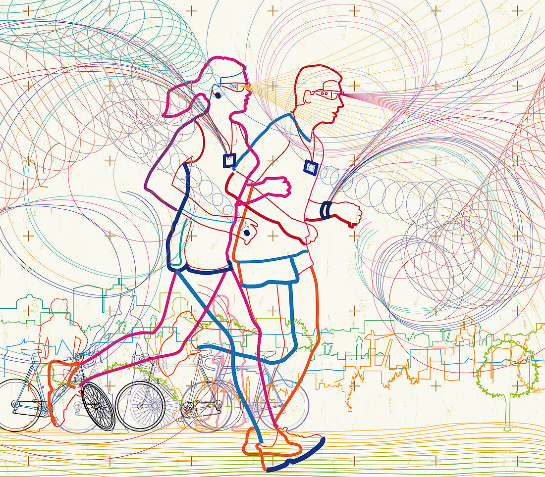 Man and woman running together, illustration