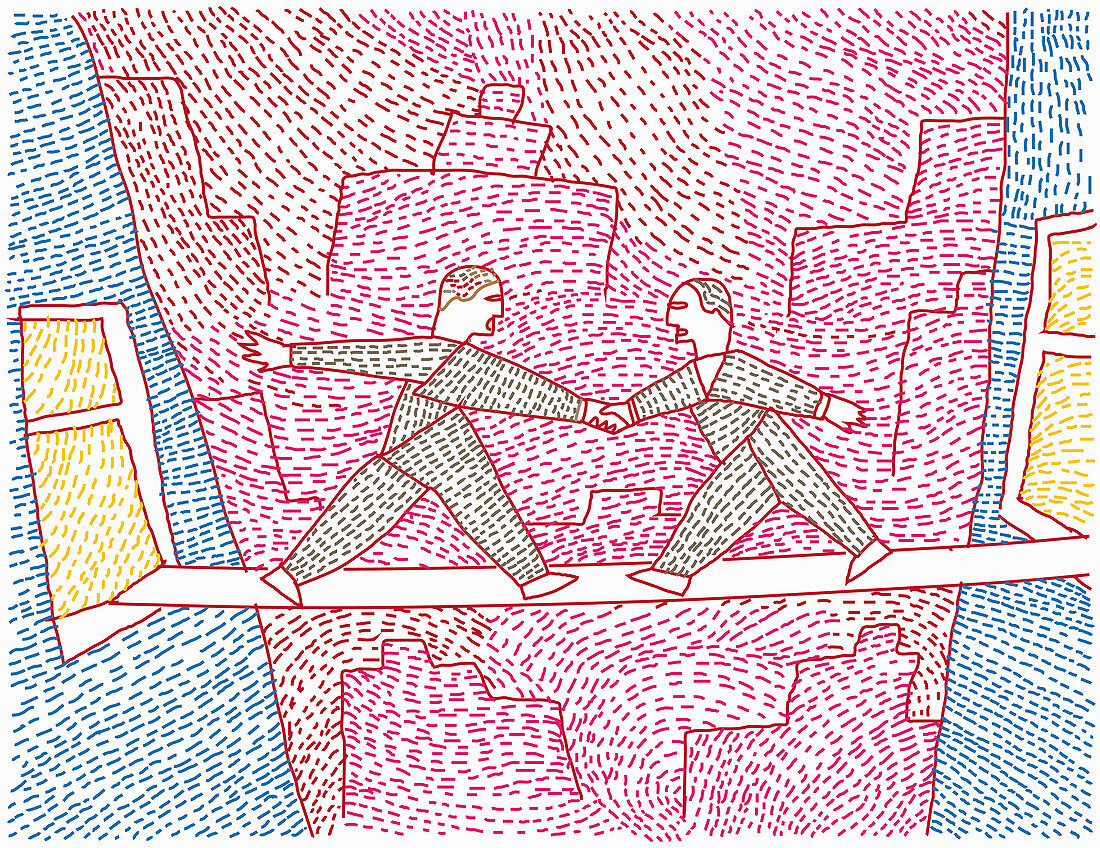Two men bridging gap between buildings, illustration