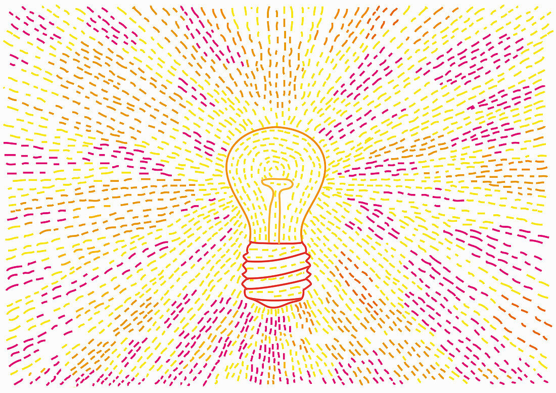 Light beams from glowing light bulb, illustration