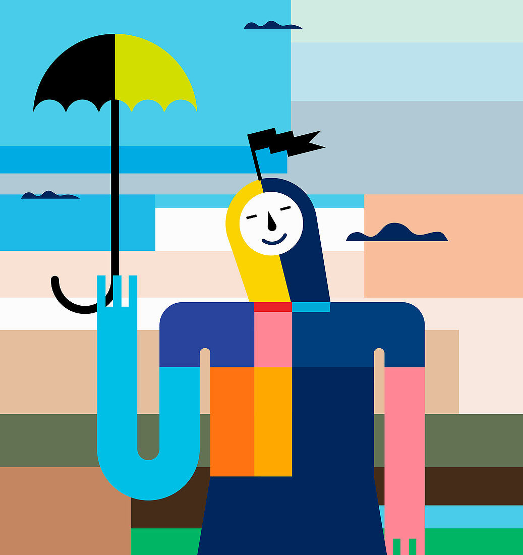 Smiling woman holding umbrella, illustration