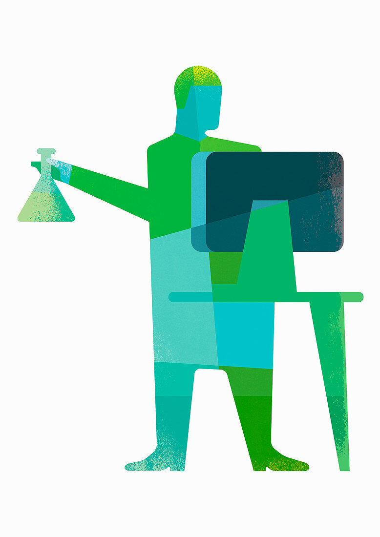 Scientist holding beaker using computer, illustration