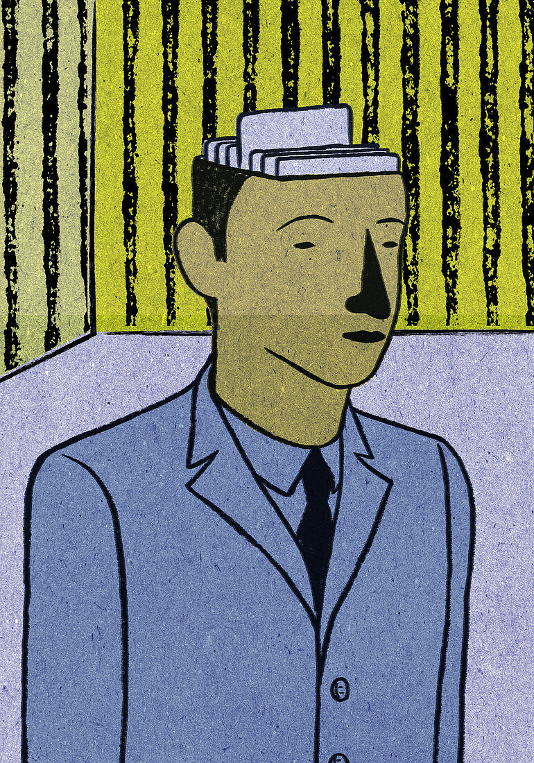 Filing inside of businessman's head, illustration