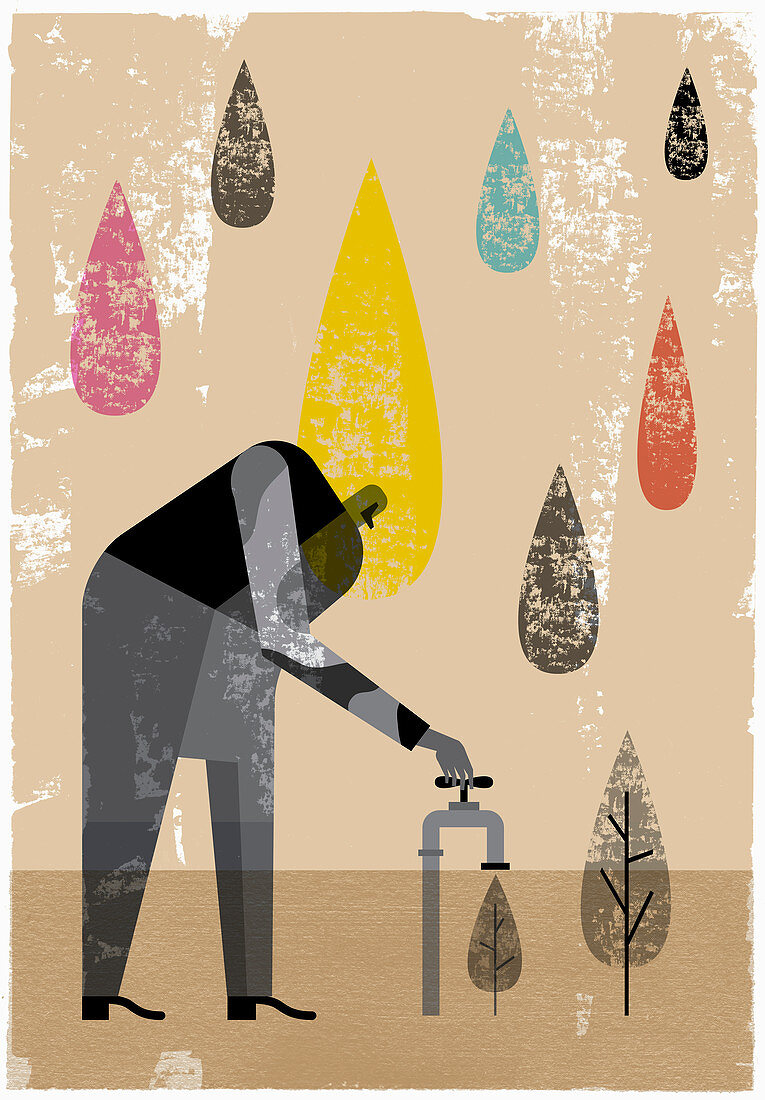 Man turning tap on watering tree, illustration