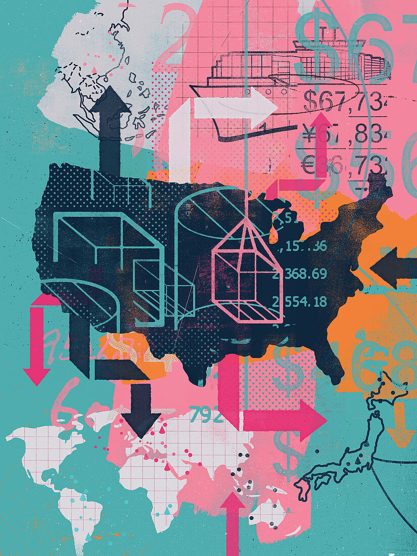 Collage of United States and global trade, illustration