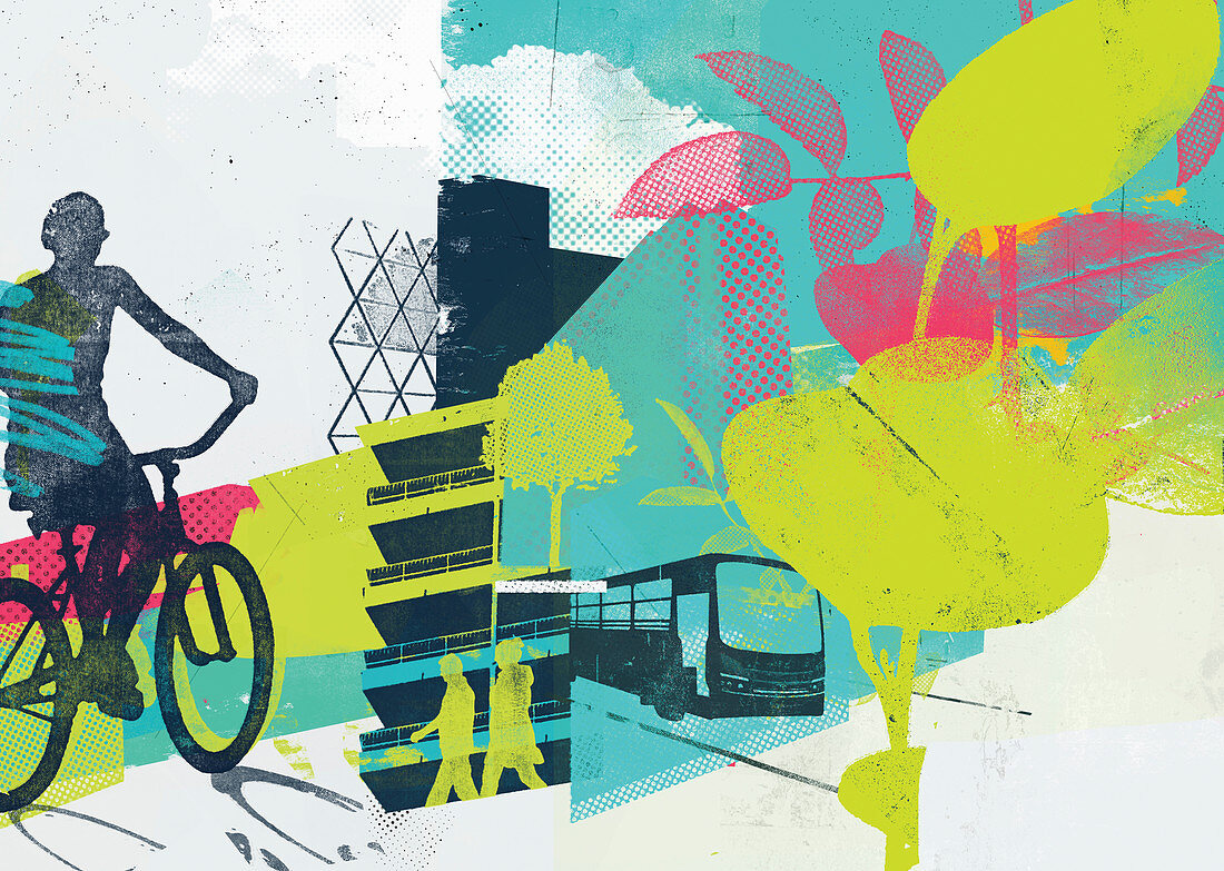 Collage of green city transport, illustration
