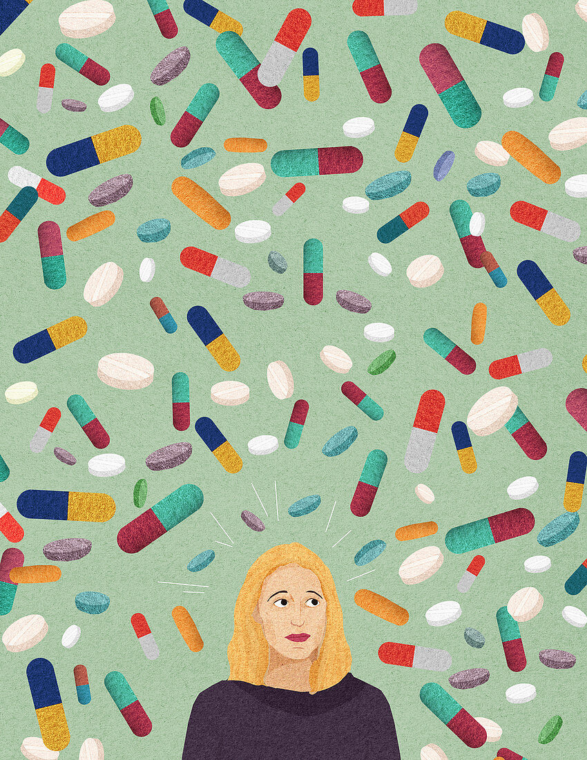 Anxious woman surrounded by lots of pills, illustration