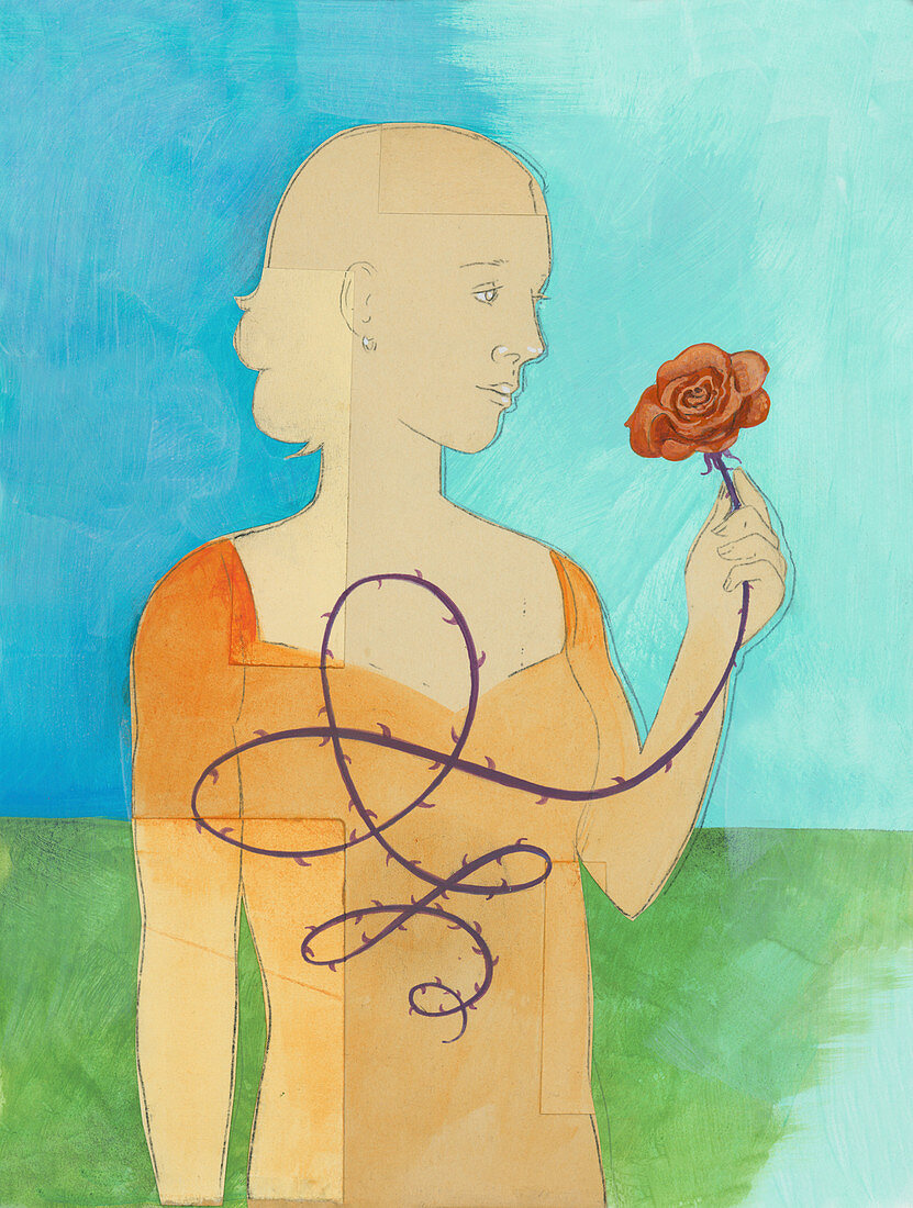 Woman holding rose, illustration