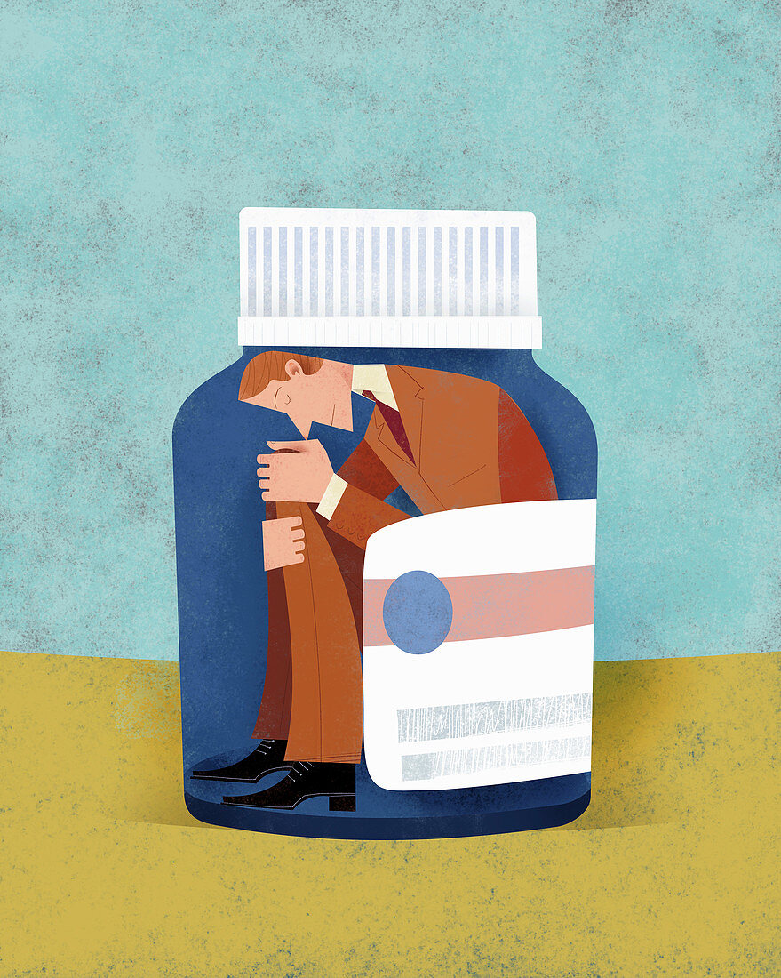 Unhappy man trapped inside of pill bottle, illustration