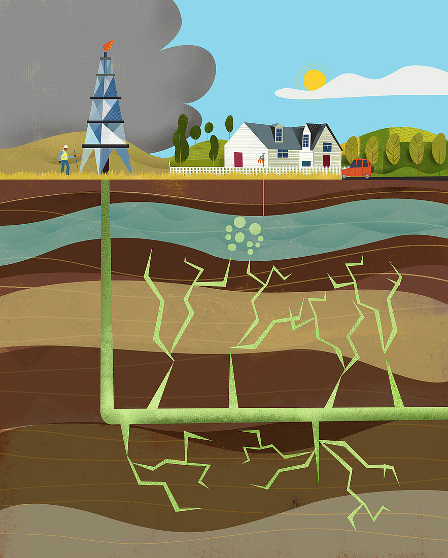 Fracking drilling rig next to house, illustration