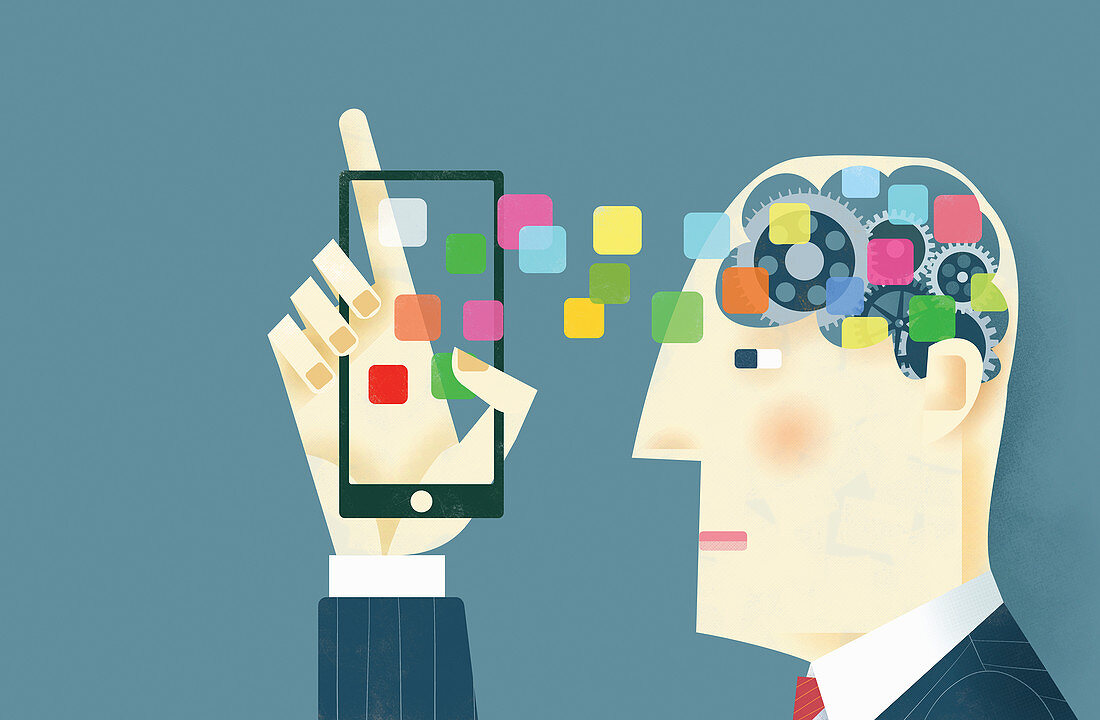 Mobile apps connecting to cogs in man's head, illustration