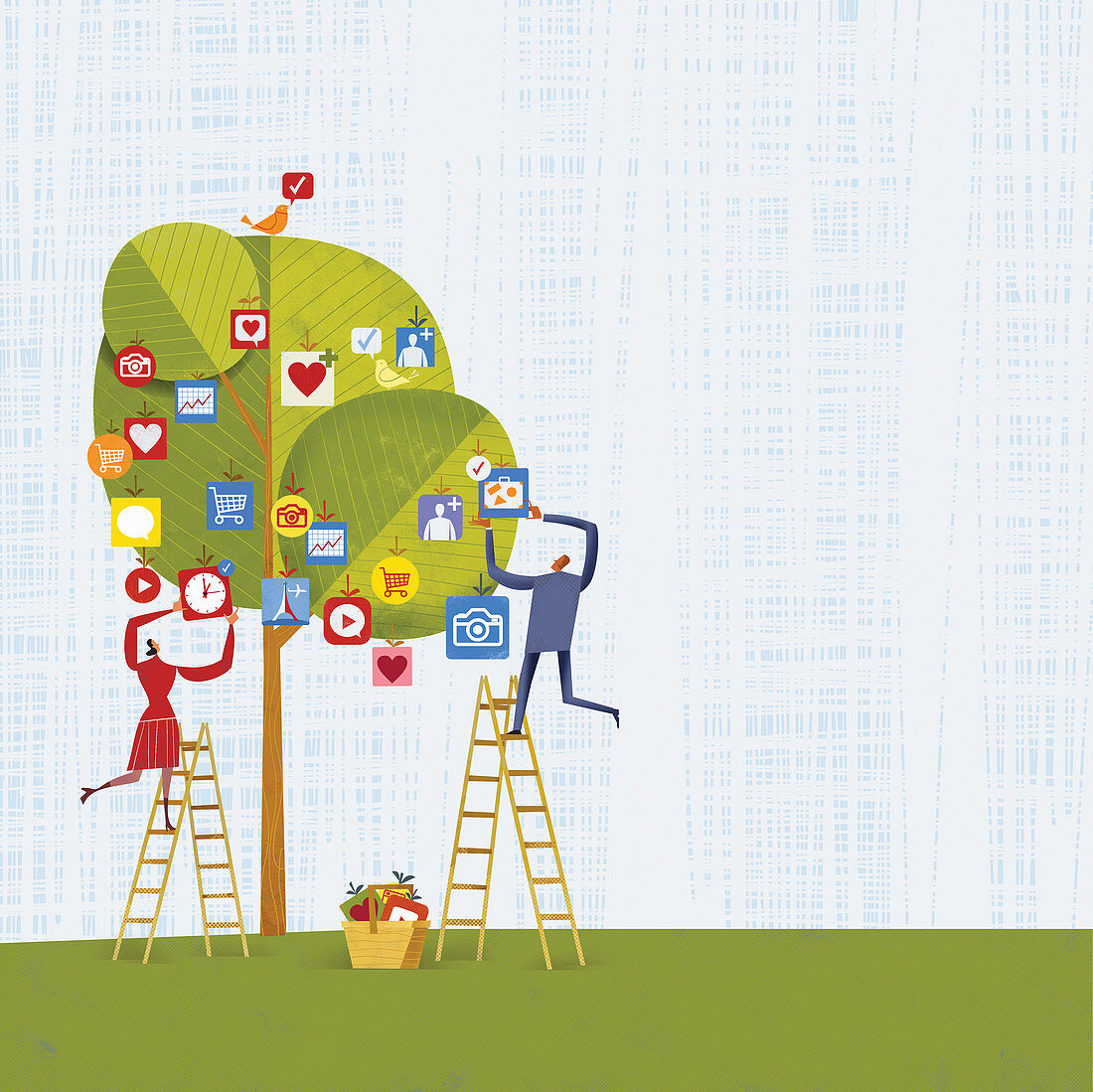 Man and woman picking mobile apps from tree, illustration