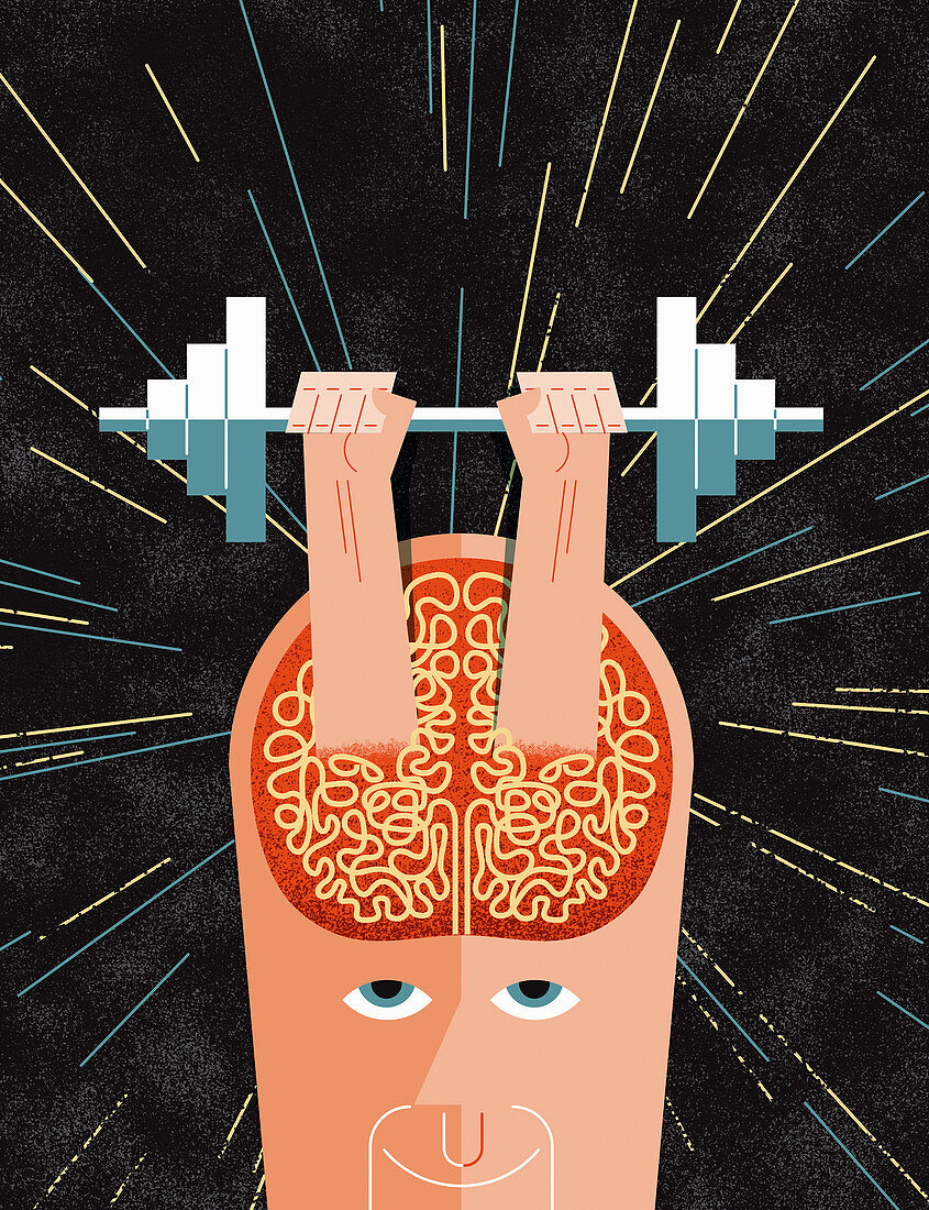 Hands lifting barbell from man's brain, illustration
