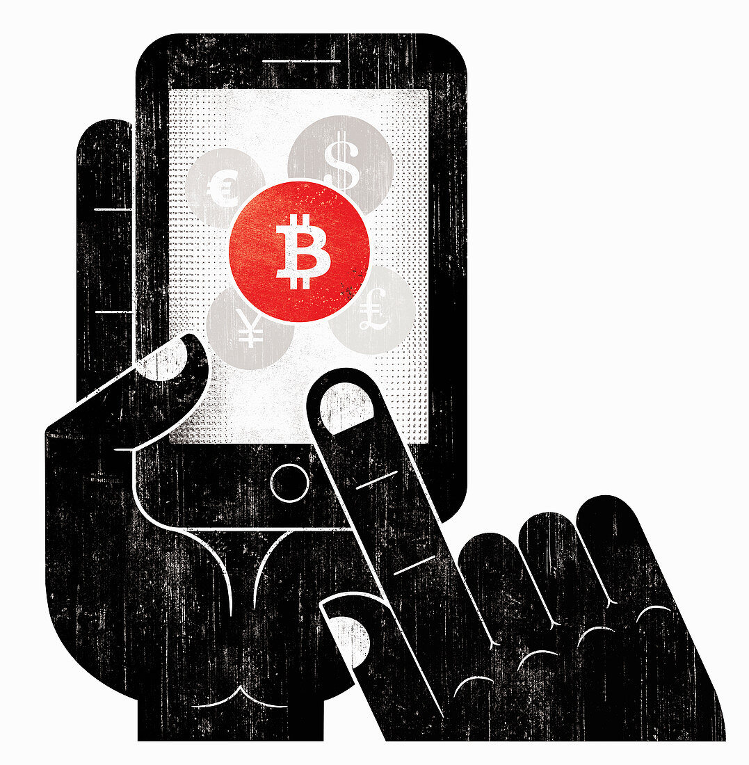 Hand choosing bitcoin currency, illustration