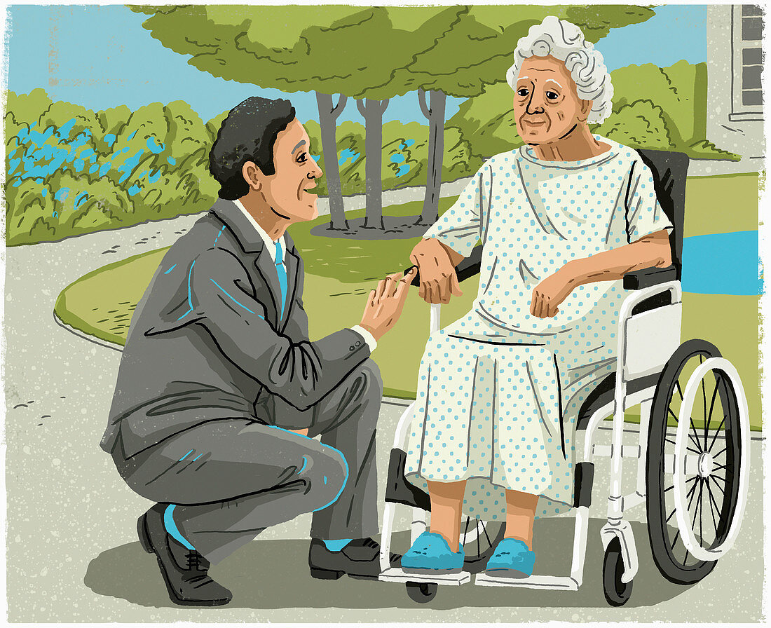 Man talking to elderly woman in wheelchair, illustration