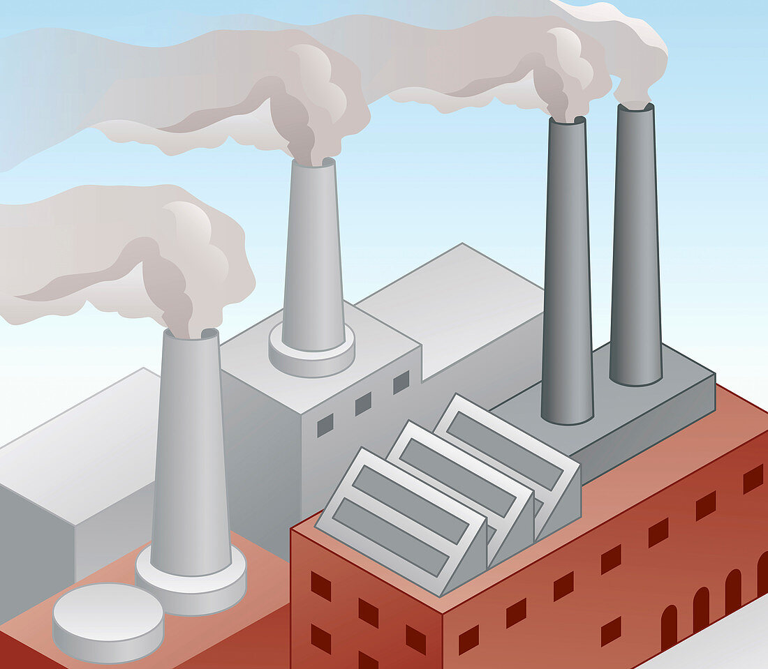 Air pollution from factory chimneys, illustration