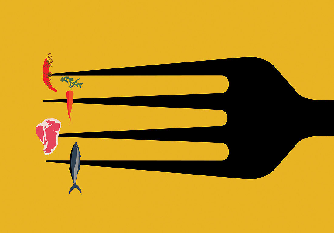 Large fork with different food on each prong, illustration