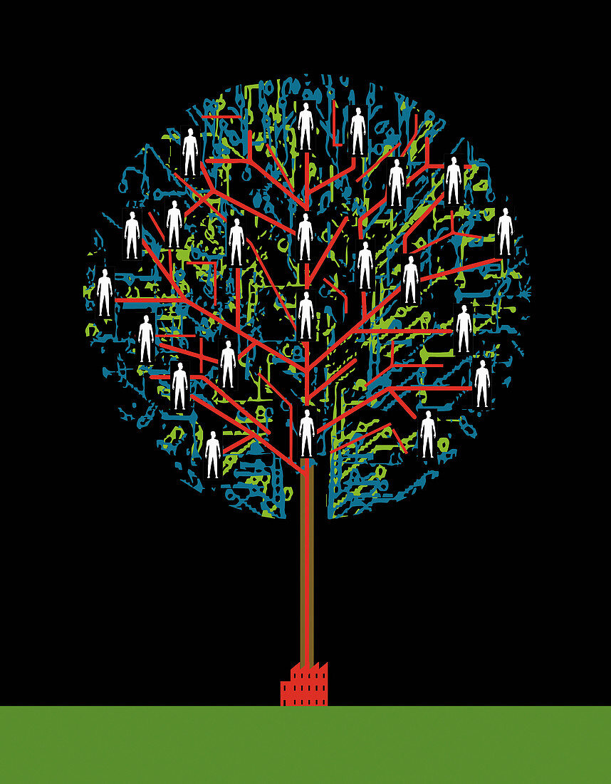 People in network tree growing from factory, illustration