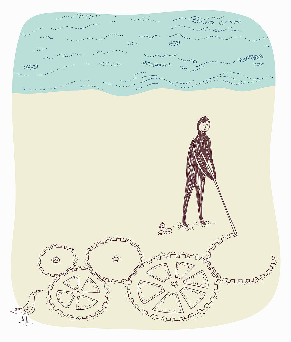 Man drawing connected cogs in sand on beach, illustration