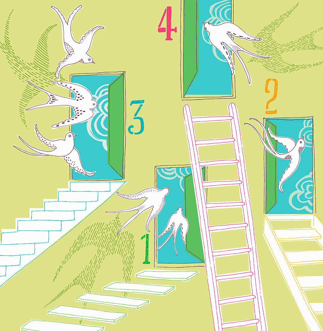 Open numbered doors with ladders, illustration