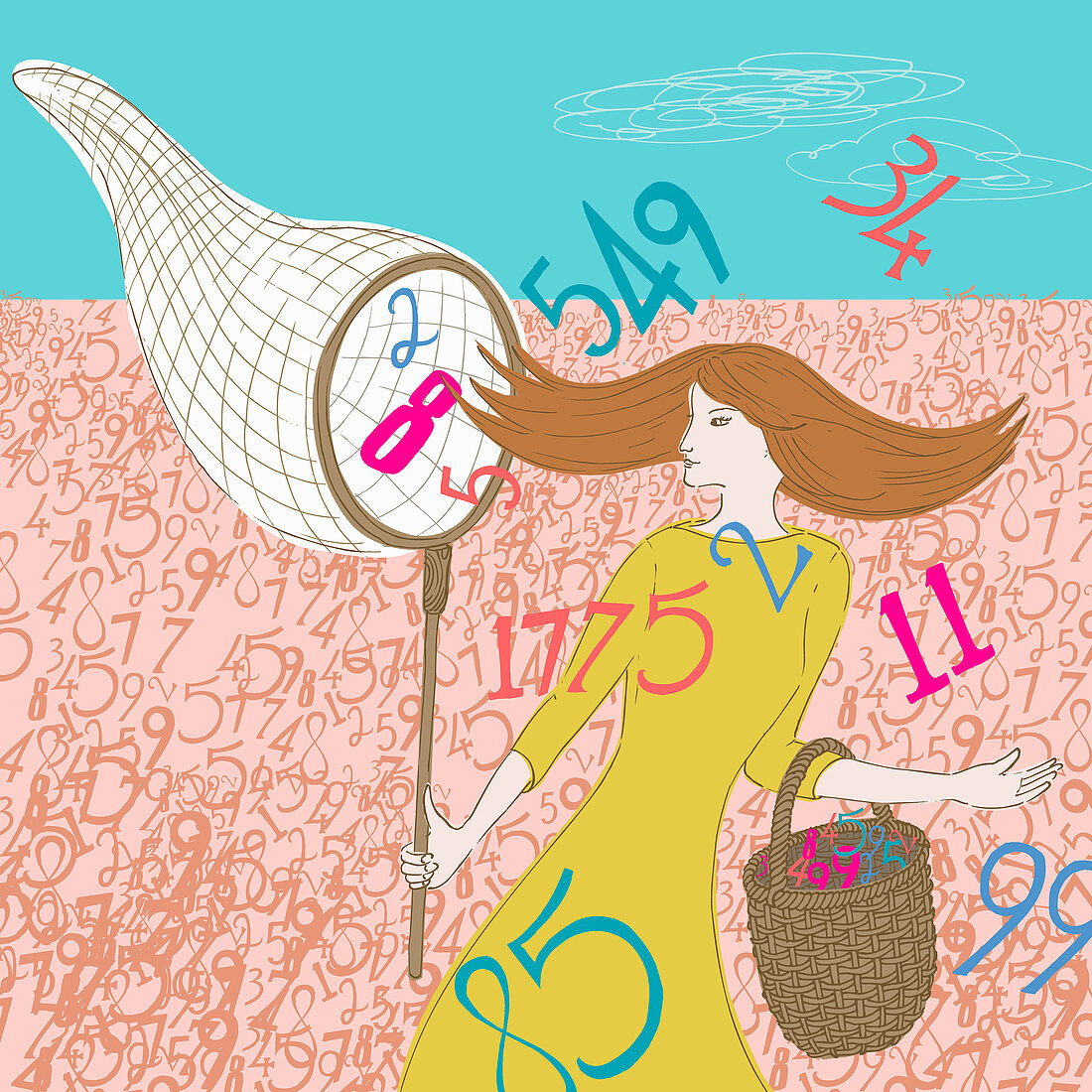 Woman collecting data numbers in butterfly net, illustration