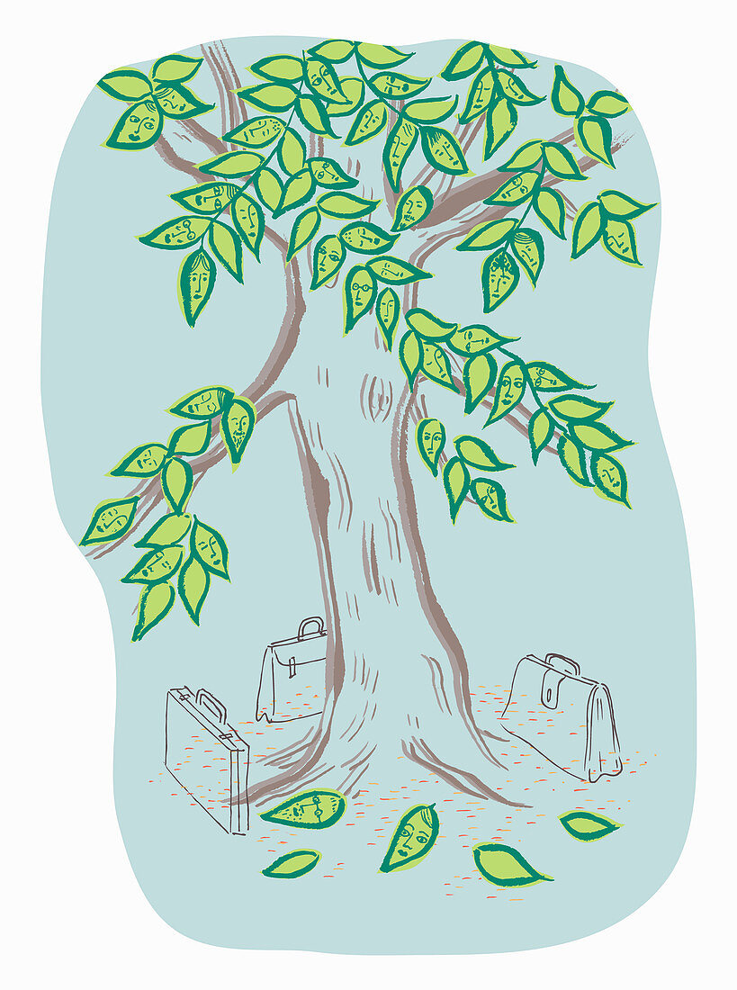 Briefcases below tree with faces on leaves, illustration