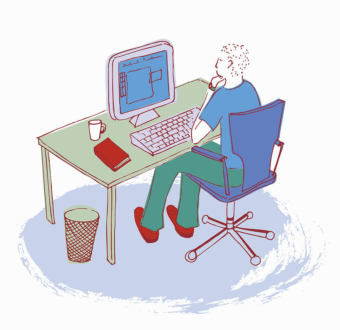Man working at desk using computer, illustration