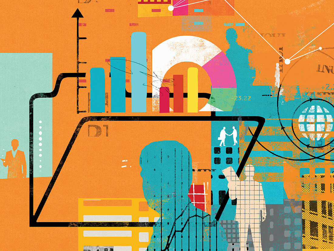 Businessmen, globe, financial data and folder, illustration