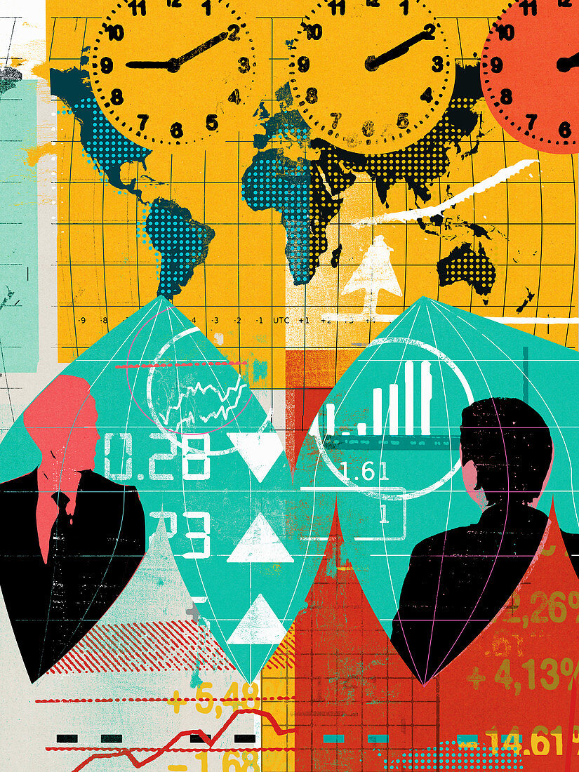 Businessmen with world map and financial data, illustration
