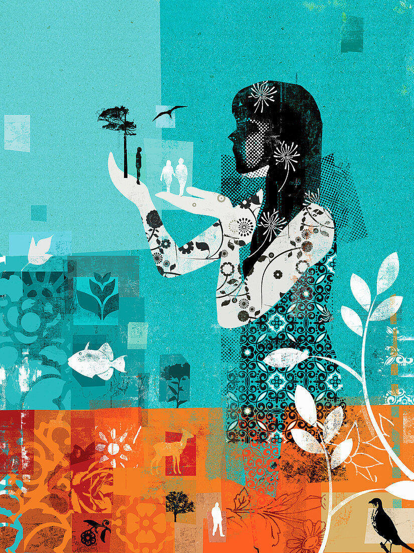 Collage of woman caring for nature, illustration