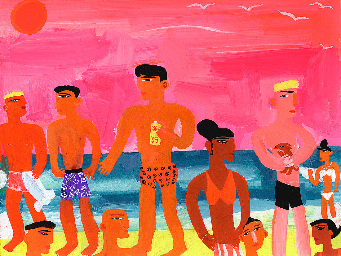 Young people at bright colour beach, illustration