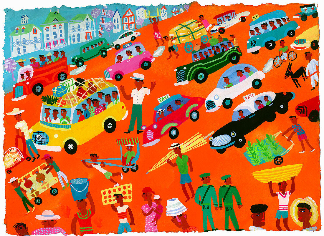 Busy city street scene, illustration