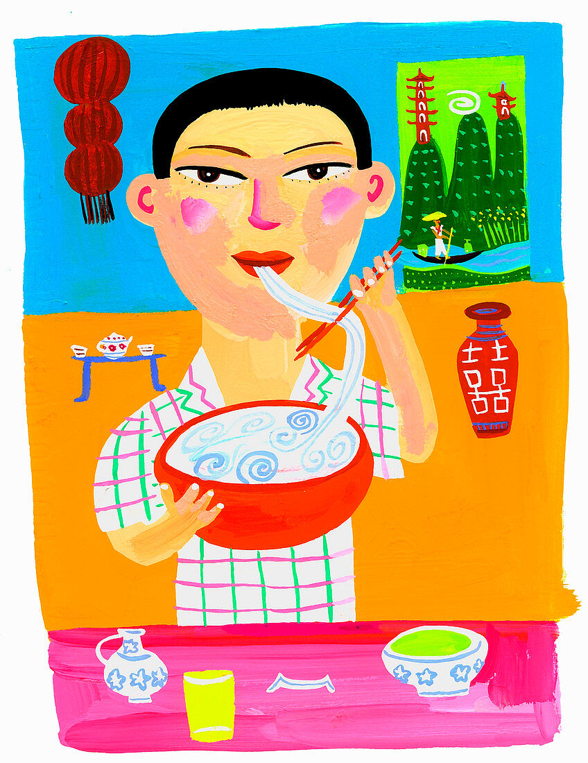 Chinese teenage boy eating bowl of noodle soup, illustration