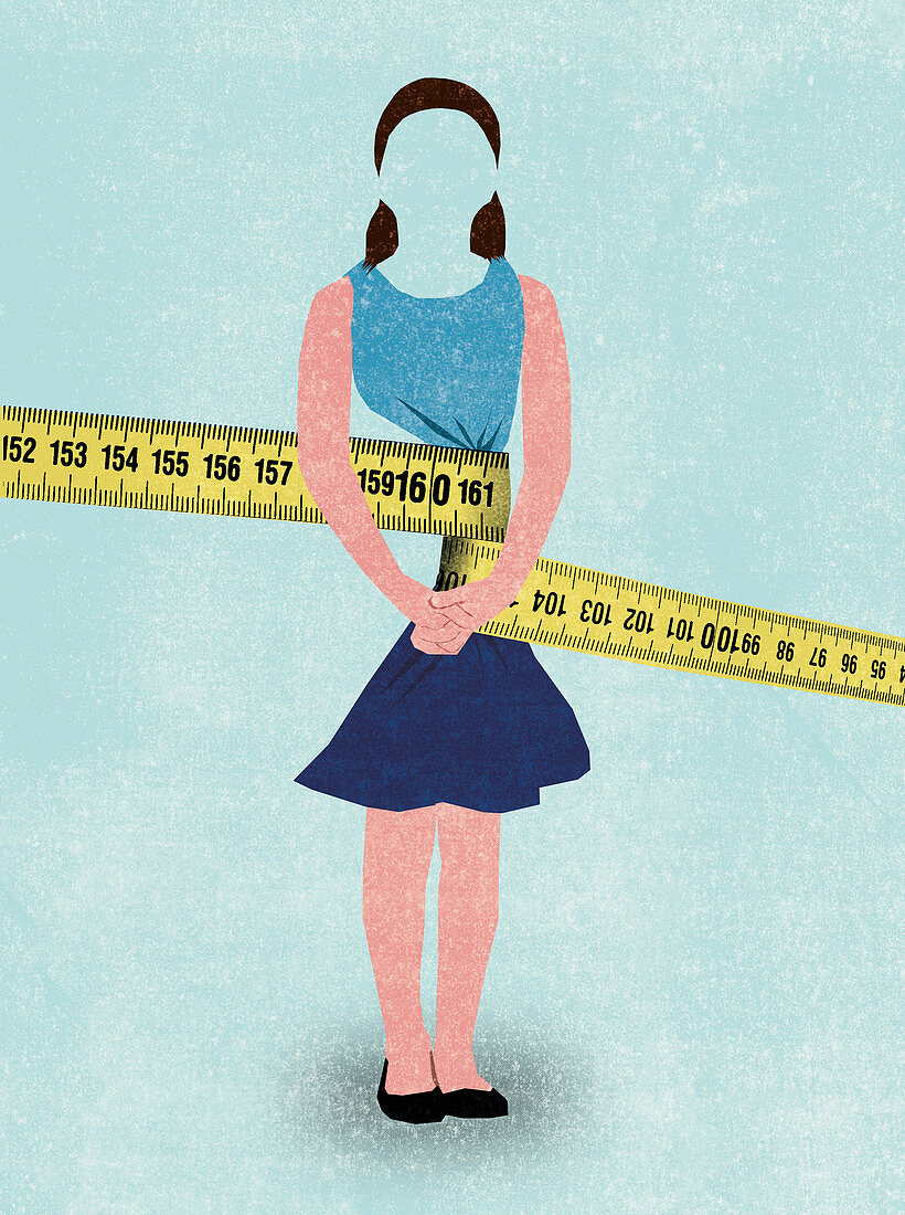 Tape measure squeezing woman with tiny waist, illustration