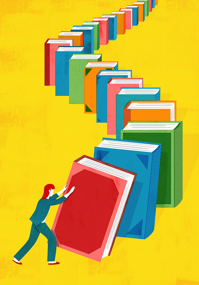 Woman pushing books in domino effect, illustration