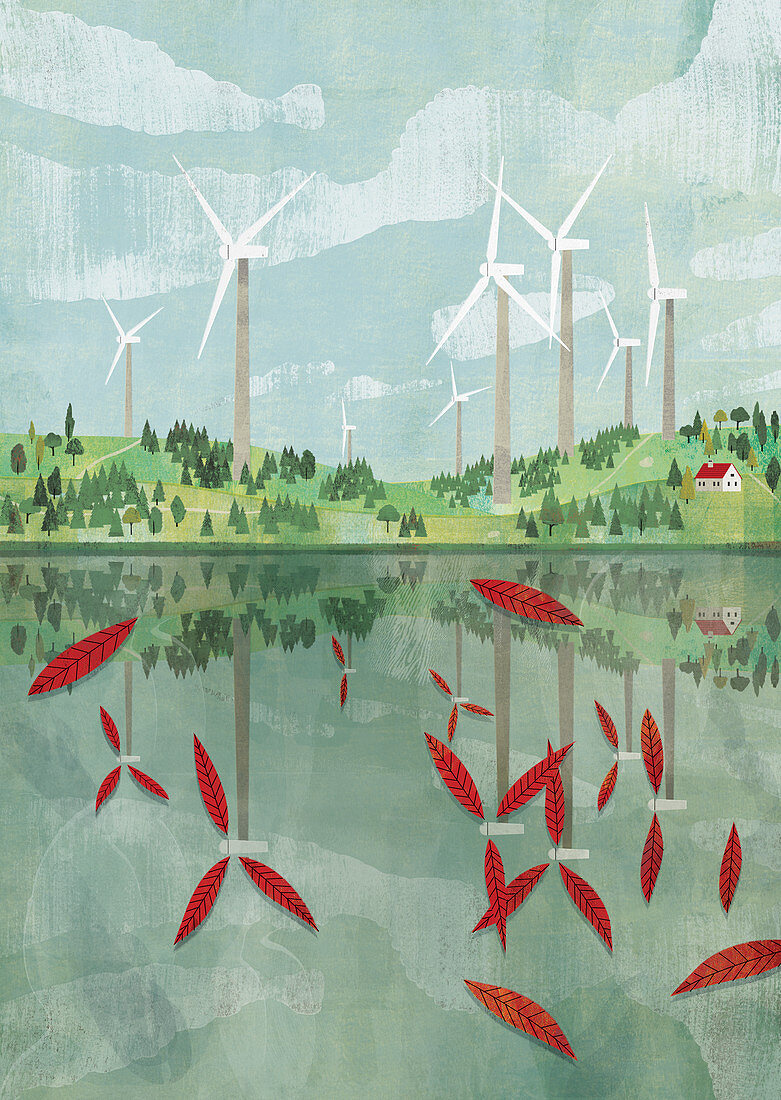 Wind turbine blades reflected in lake, illustration