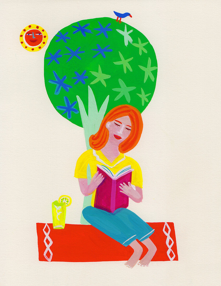 Woman relaxing reading book, illustration