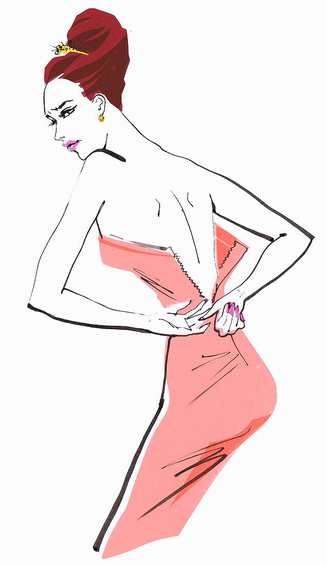 Woman struggling to fasten tight dress, illustration
