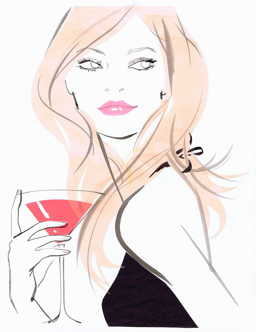 Beautiful woman drinking cocktail, illustration