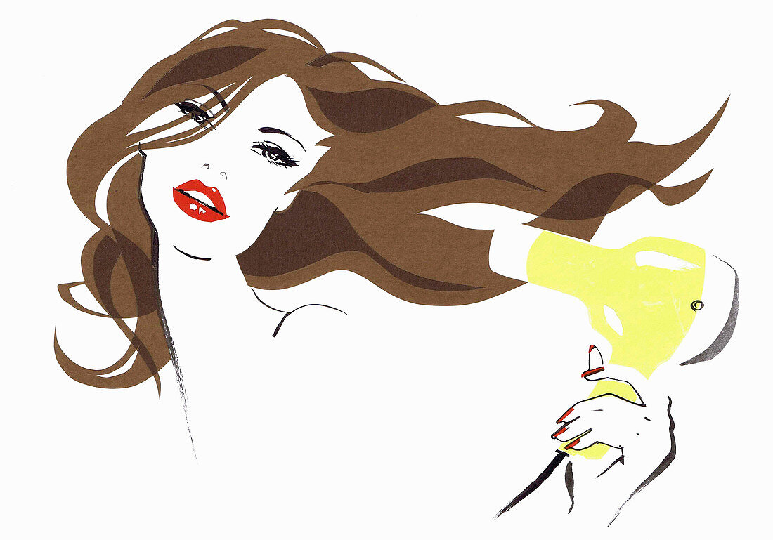 Close up beautiful woman drying hair, illustration
