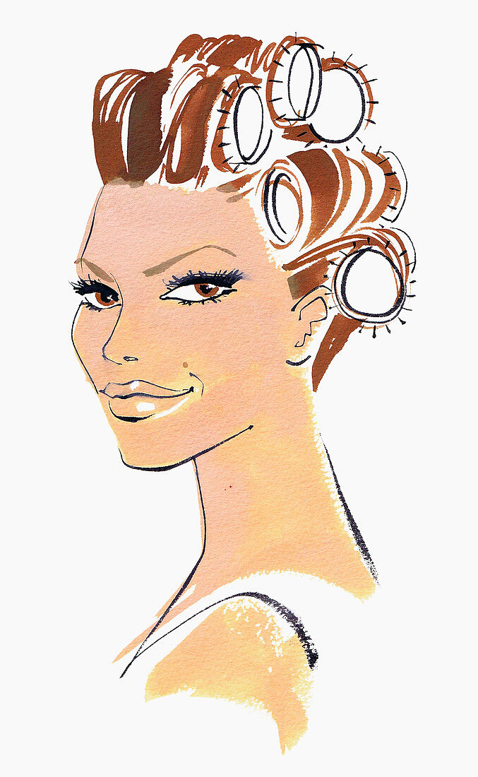 Beautiful woman in hair curlers, illustration