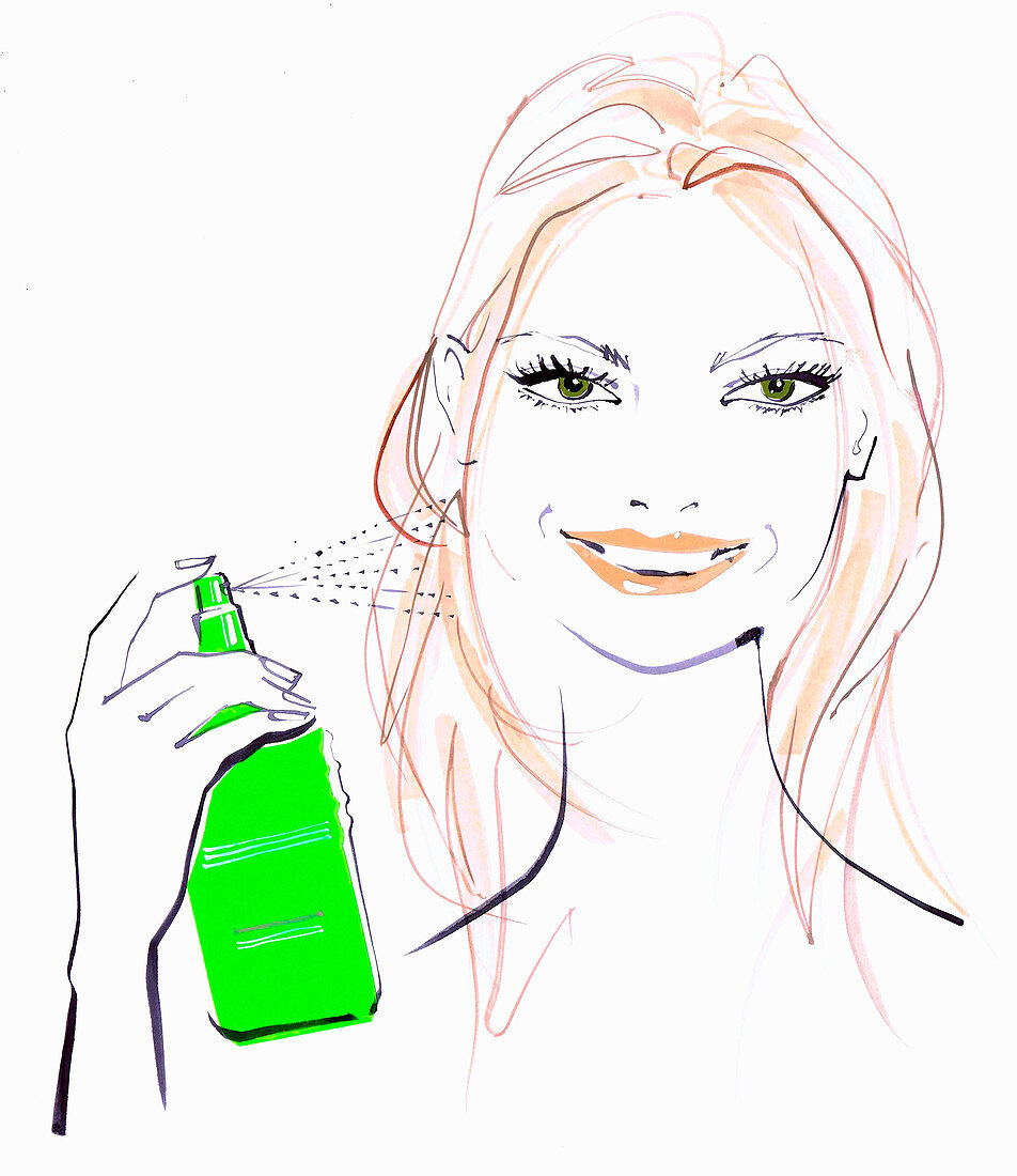 Beautiful woman spraying hair, illustration