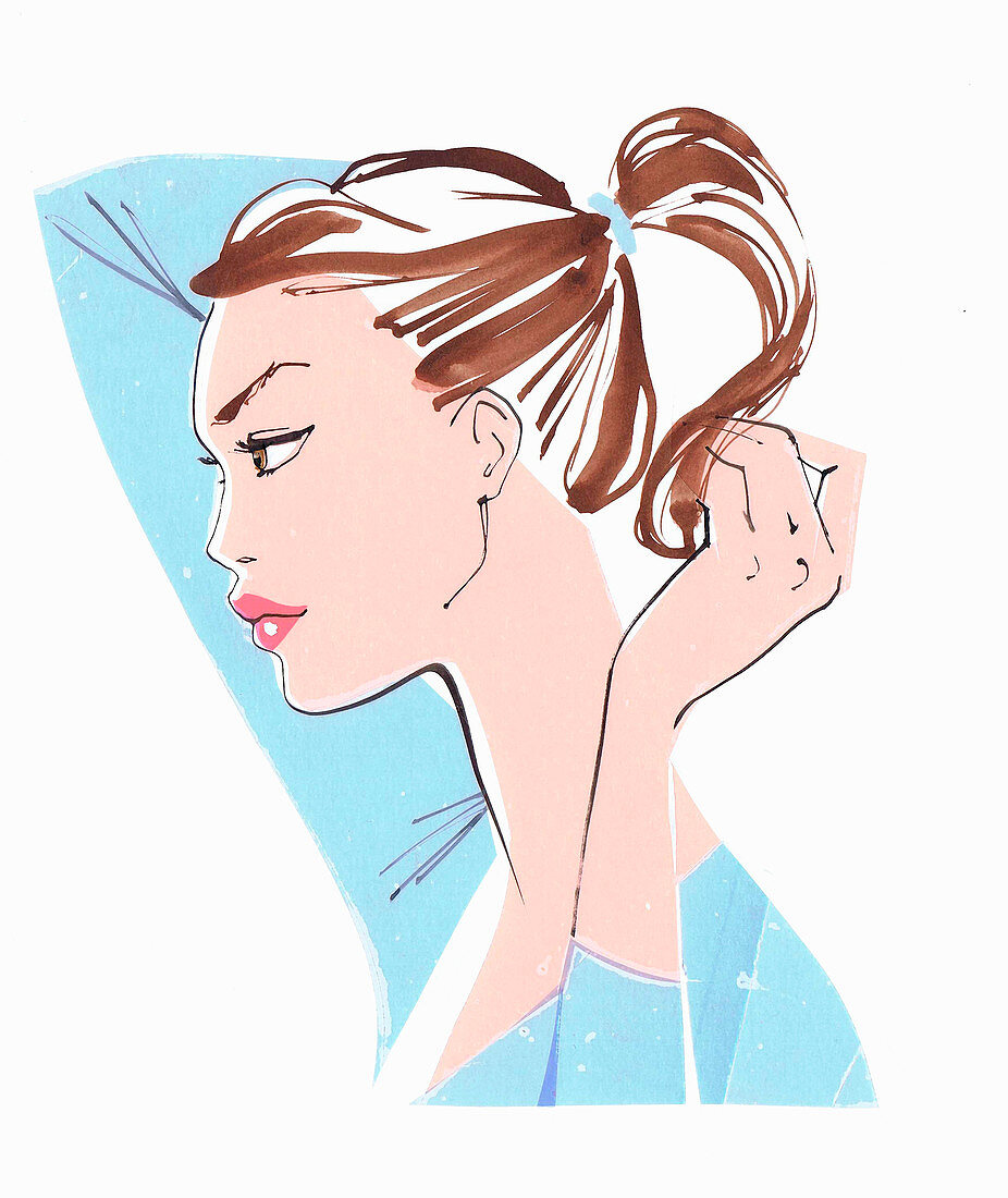 Woman putting hair in ponytail, illustration