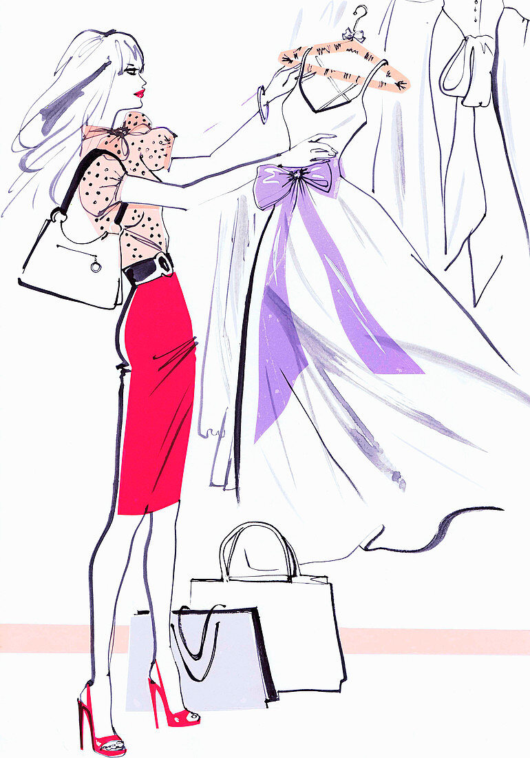 Beautiful woman shopping admiring evening gown, illustration