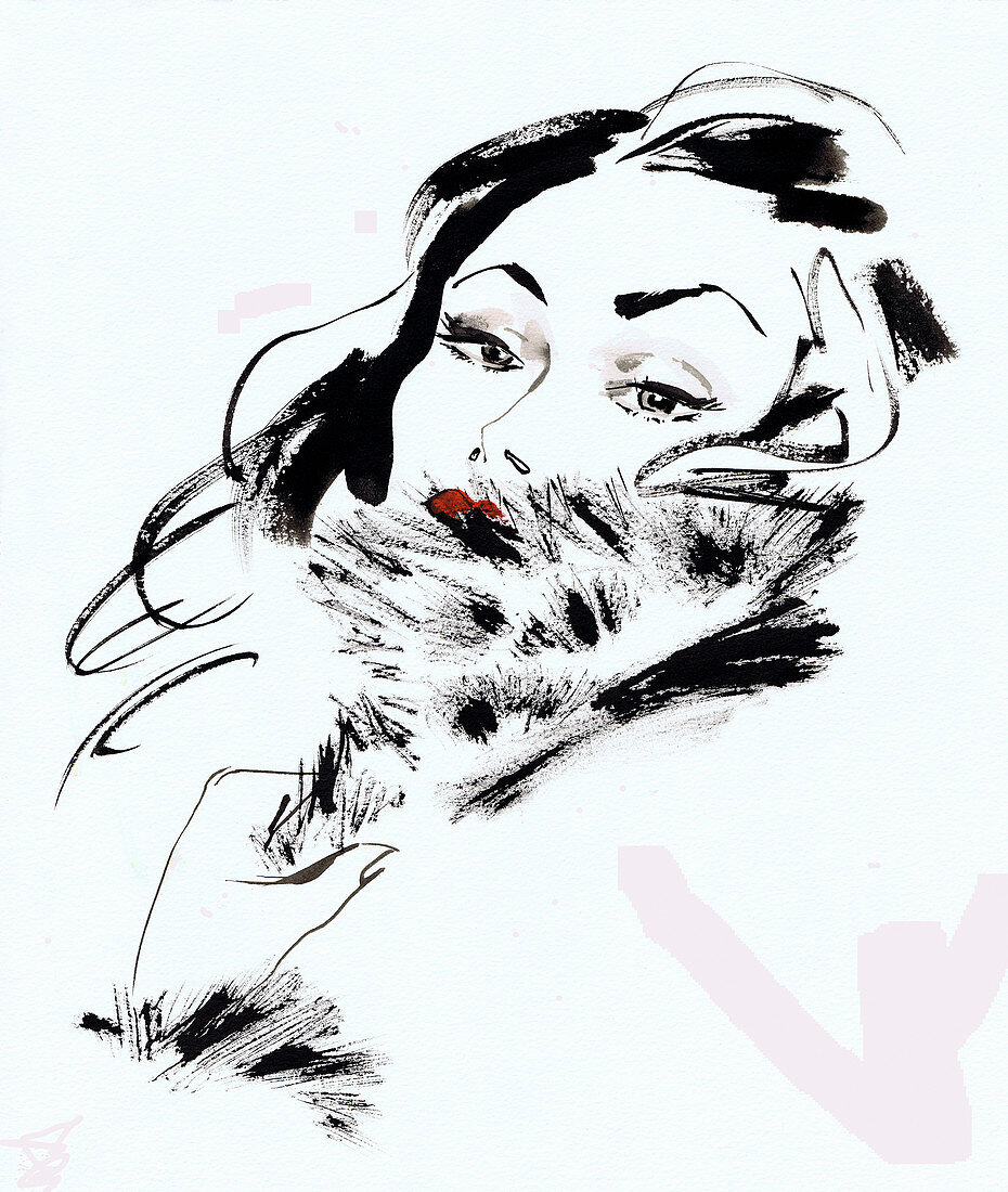 Glamorous brunette woman wearing fur, illustration