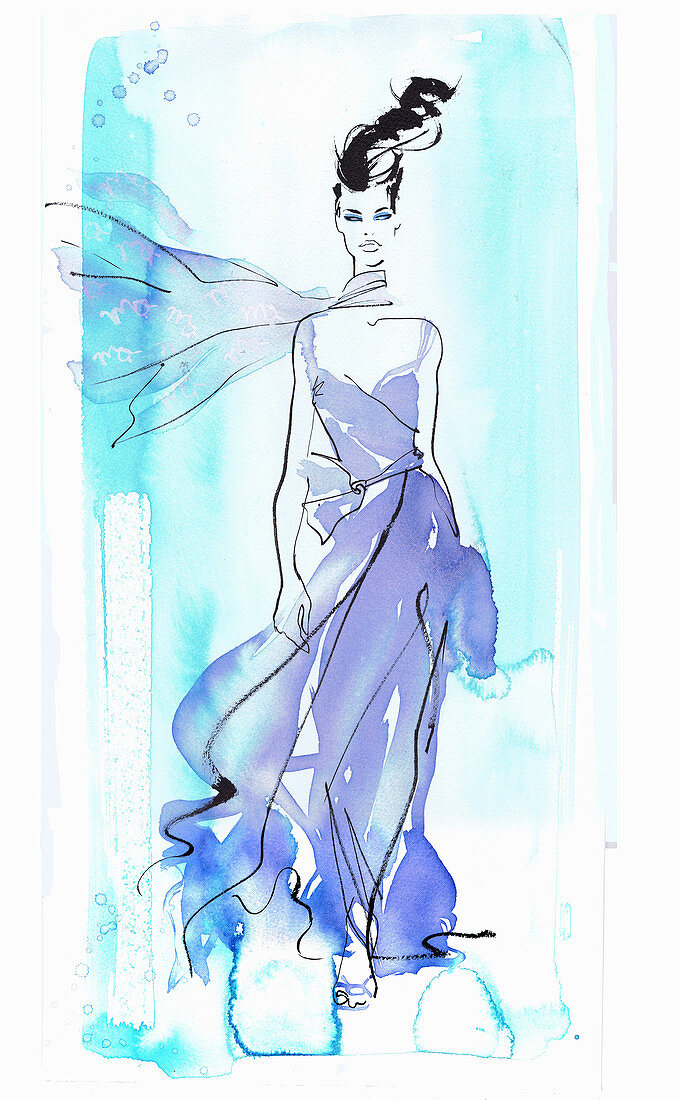 Model in flowing purple evening gown, illustration