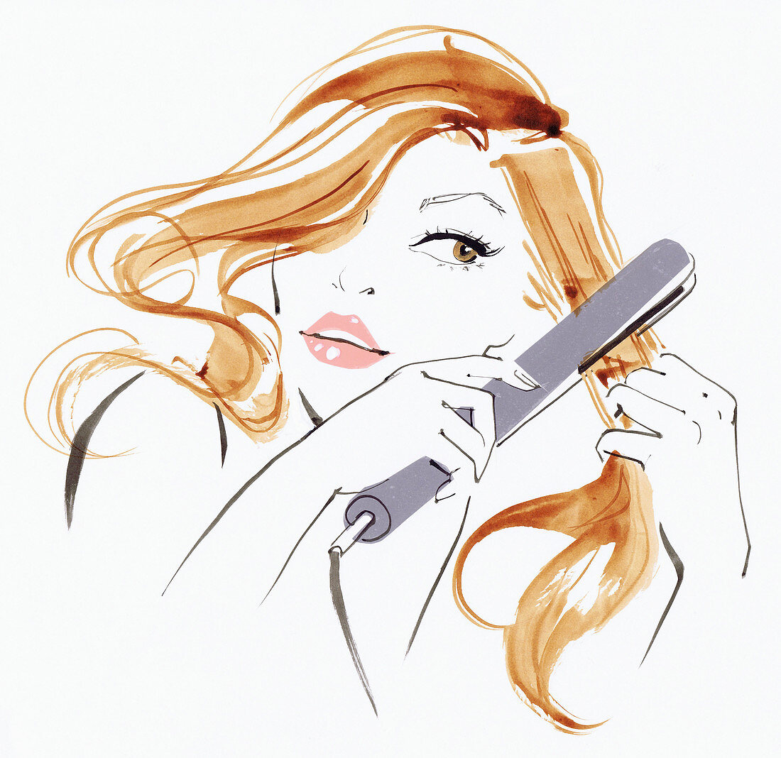 Woman straightening her hair, illustration