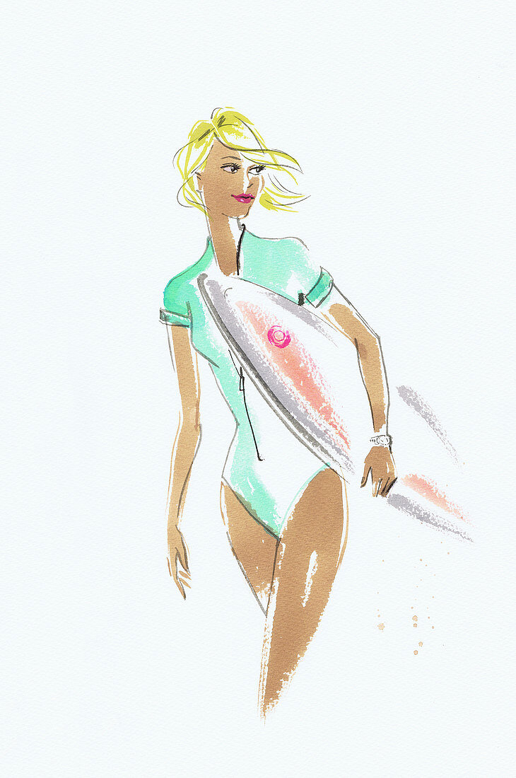 Young woman carrying surfboard, illustration