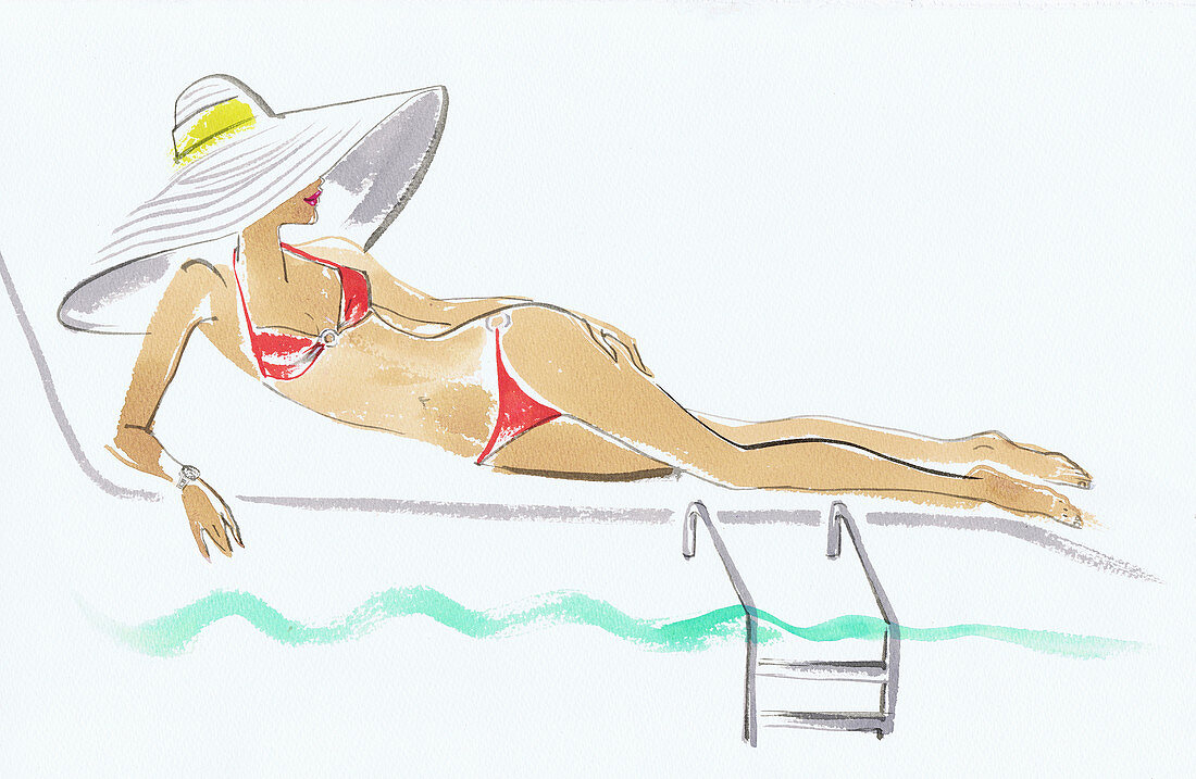 Woman on sun lounger beside swimming pool, illustration