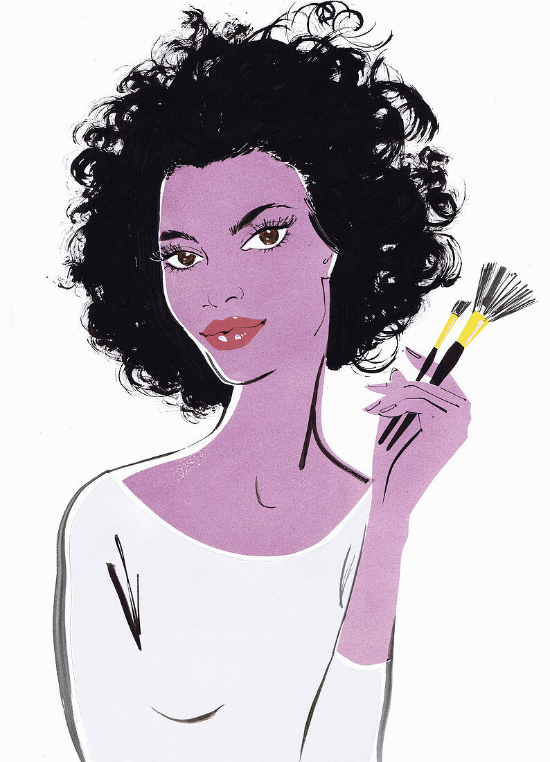 Beautiful woman holding makeup brushes, illustration